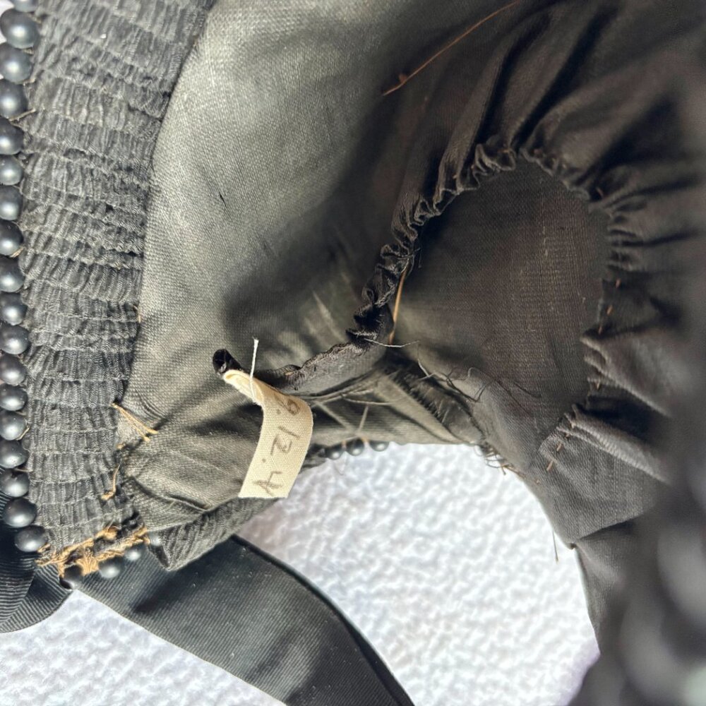Antique Victorian Black Crepe Beaded Ruched Bonnet - Picture 15 of 15